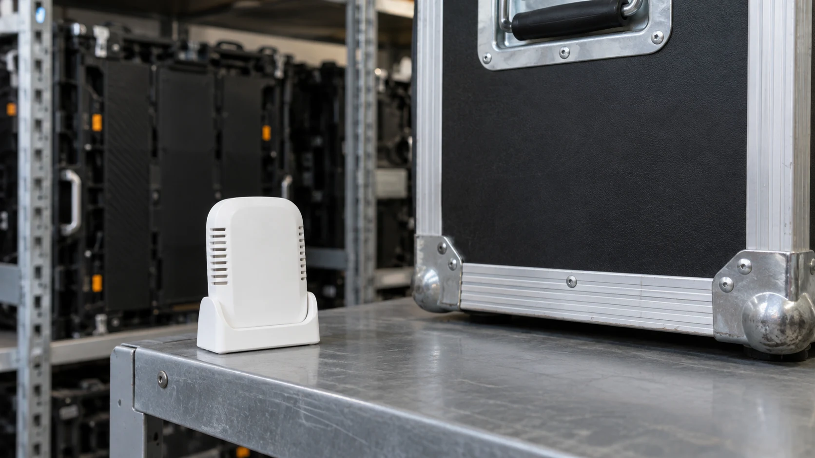 A small white environmental sensor on a metal shelf beside a closed flight case and stored LED cabinets
