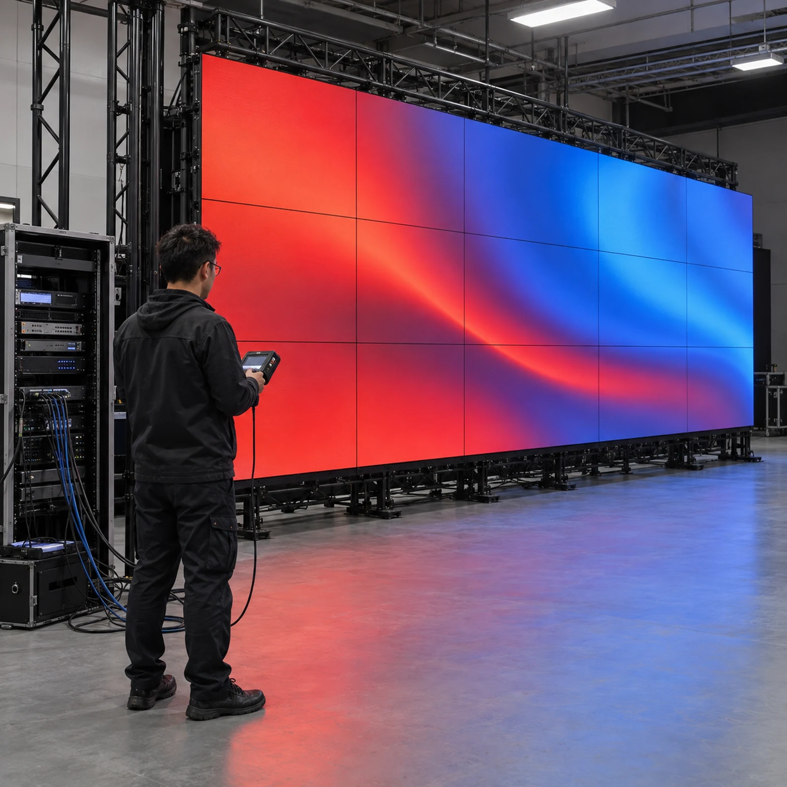 Technician testing synchronization on a multi-panel LED video wall