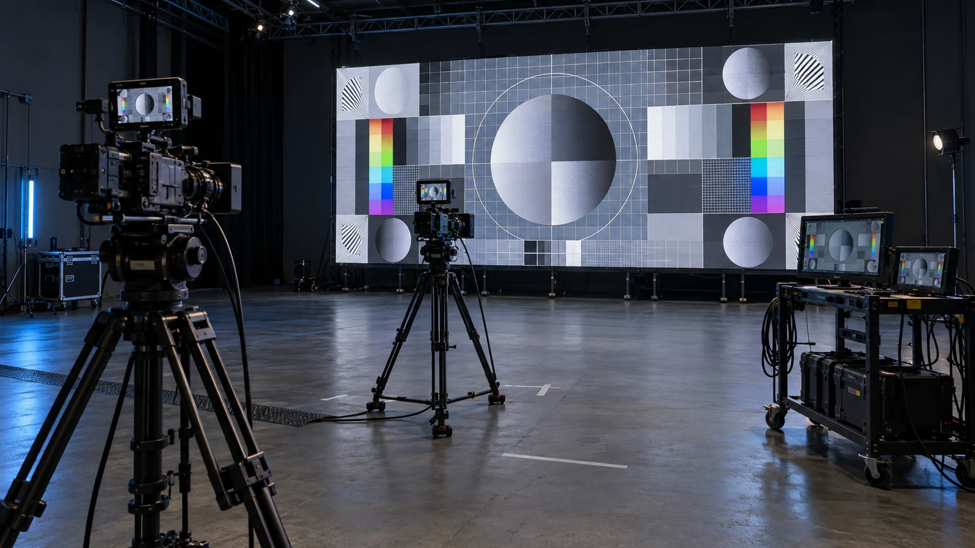 Two cinema cameras at different distances facing a modular LED wall test pattern