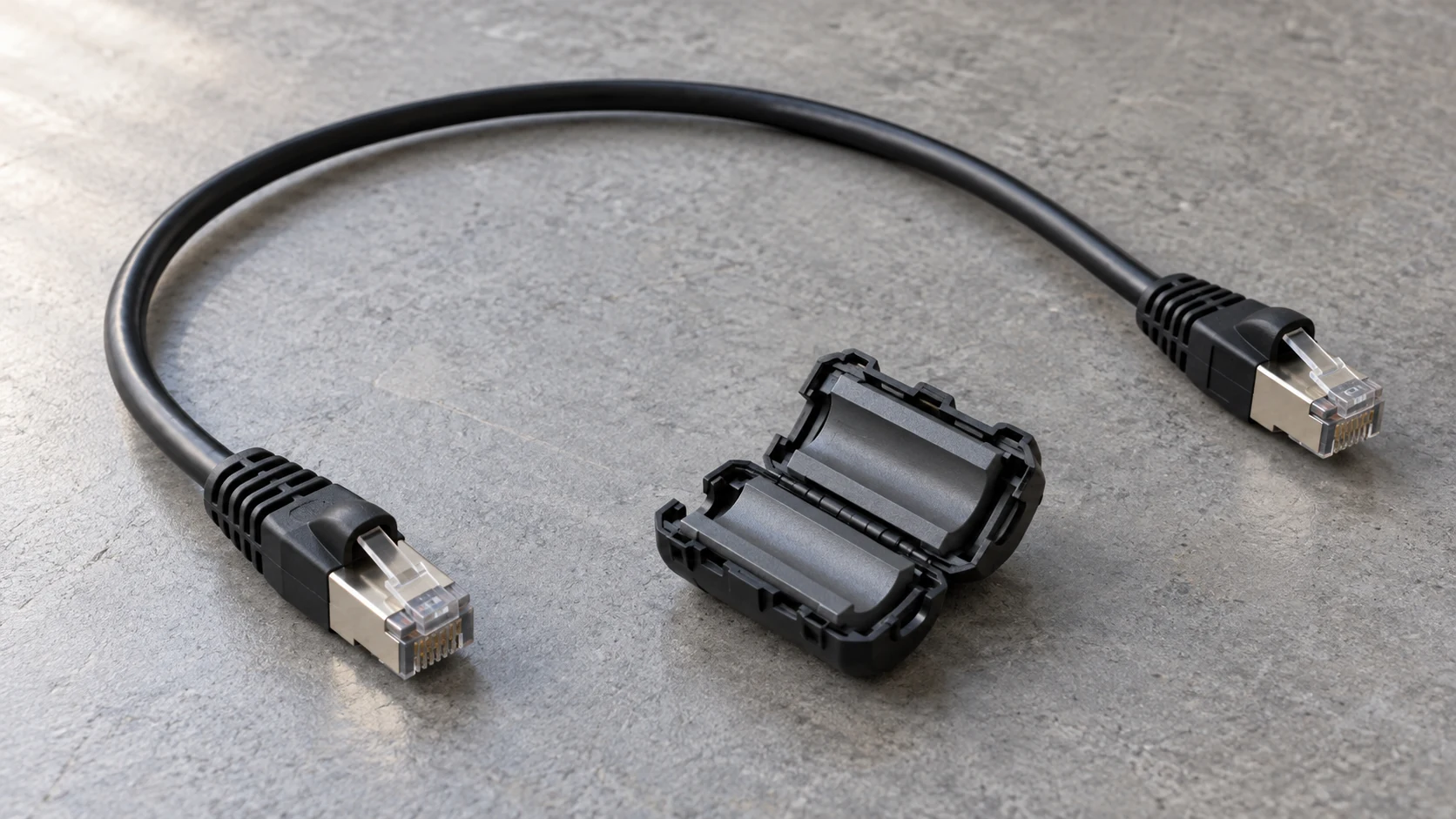 Black data cable with metal connector shells beside an opened ferrite clamp