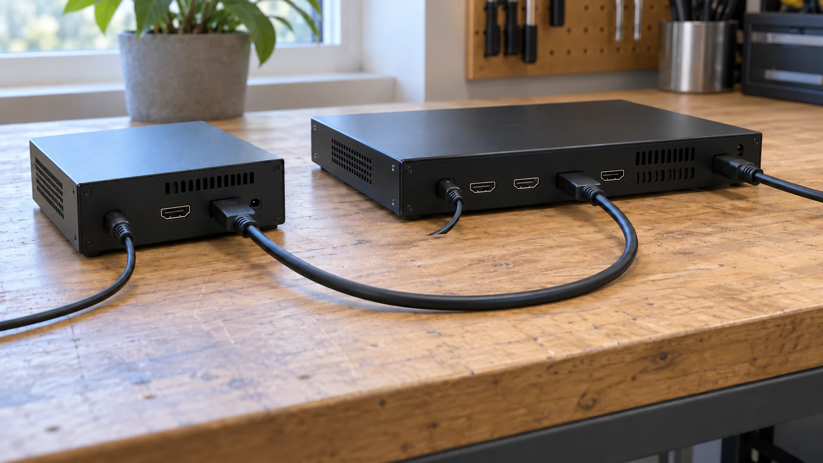 Two unbranded AV devices connected by a curved HDMI cable on a workshop bench