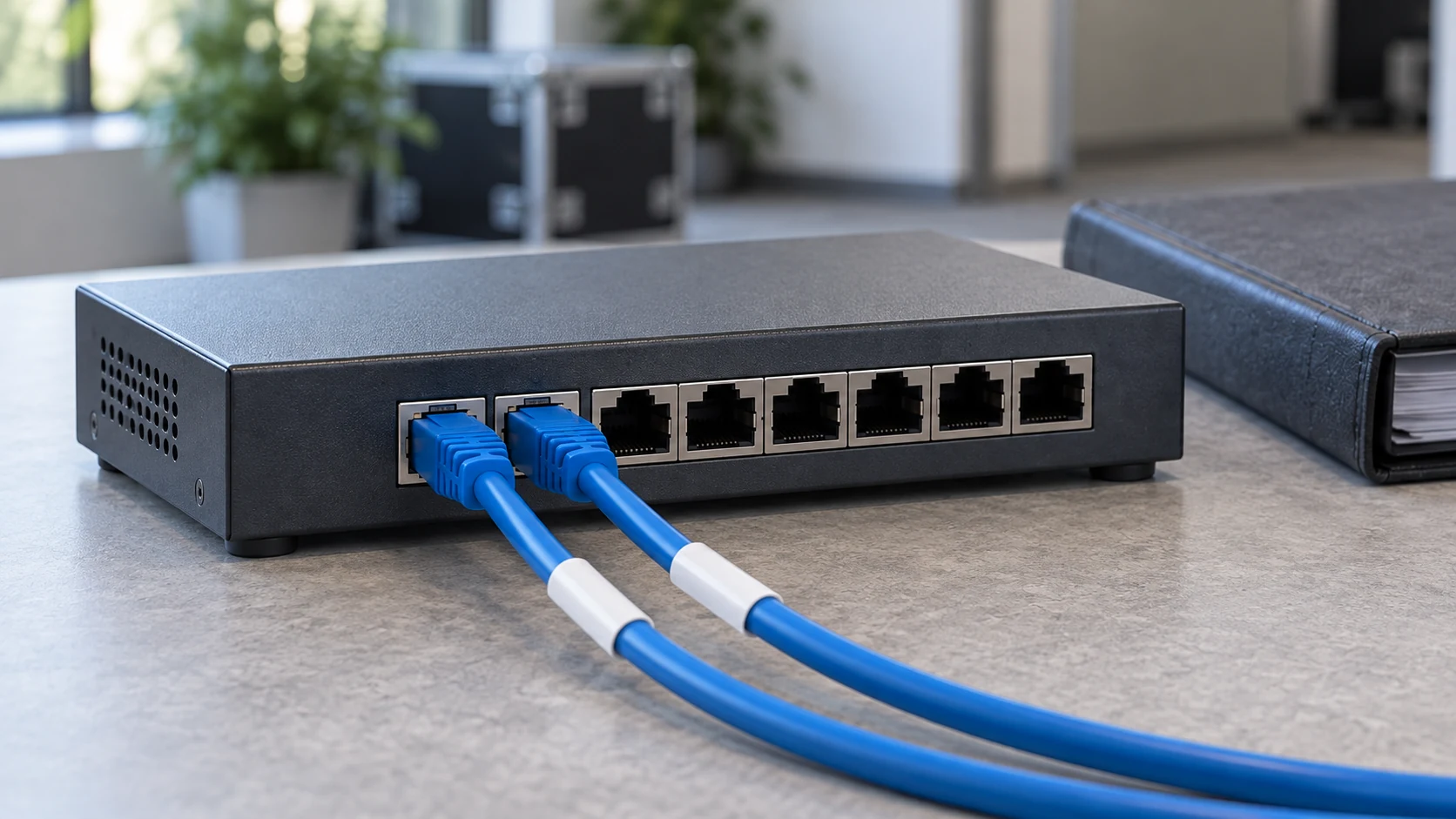 Blue patch cables with blank white markers connected to a dark metal network switch