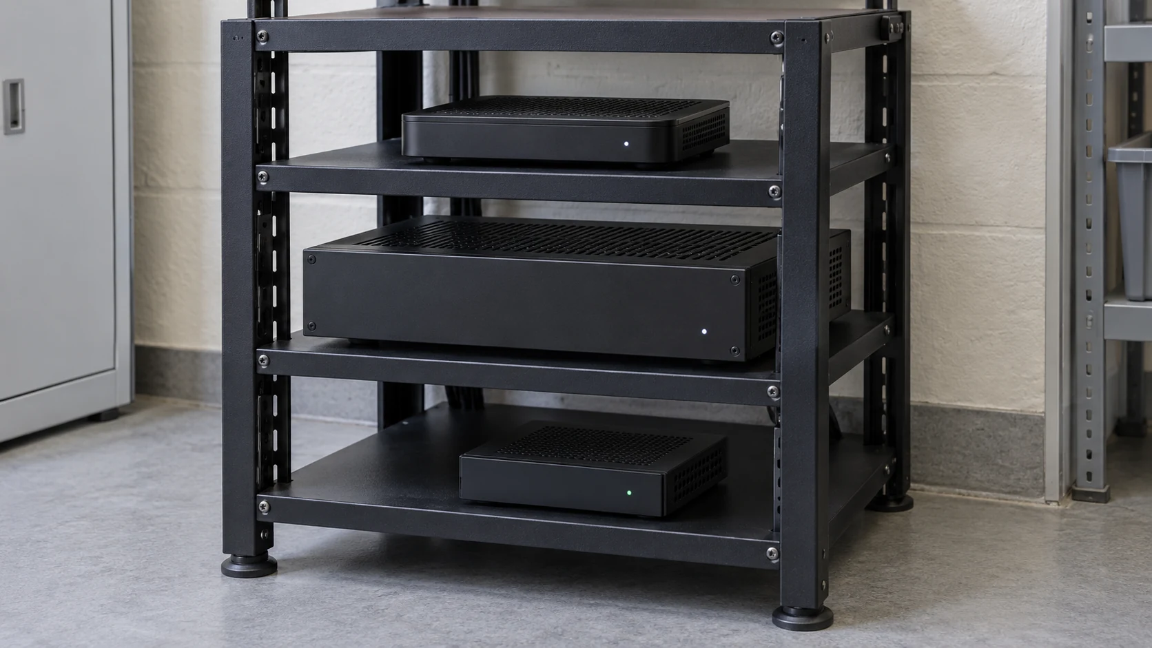 Three unbranded enclosed AV devices on separate shelves of a ventilated equipment rack