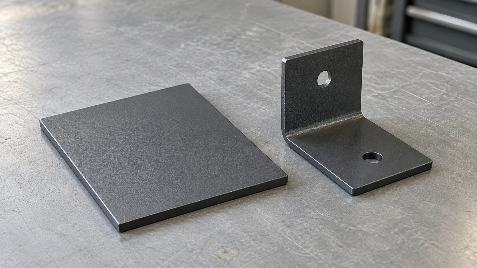 Coated metal sample panel and angled metal bracket on a neutral workbench