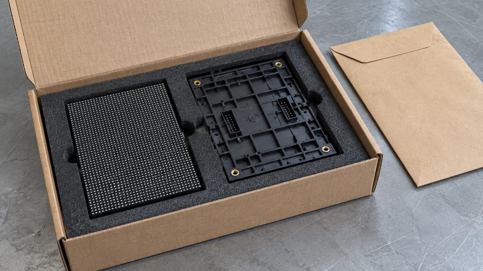Two unpowered LED modules showing front and rear views in a foam-lined carton beside a document envelope