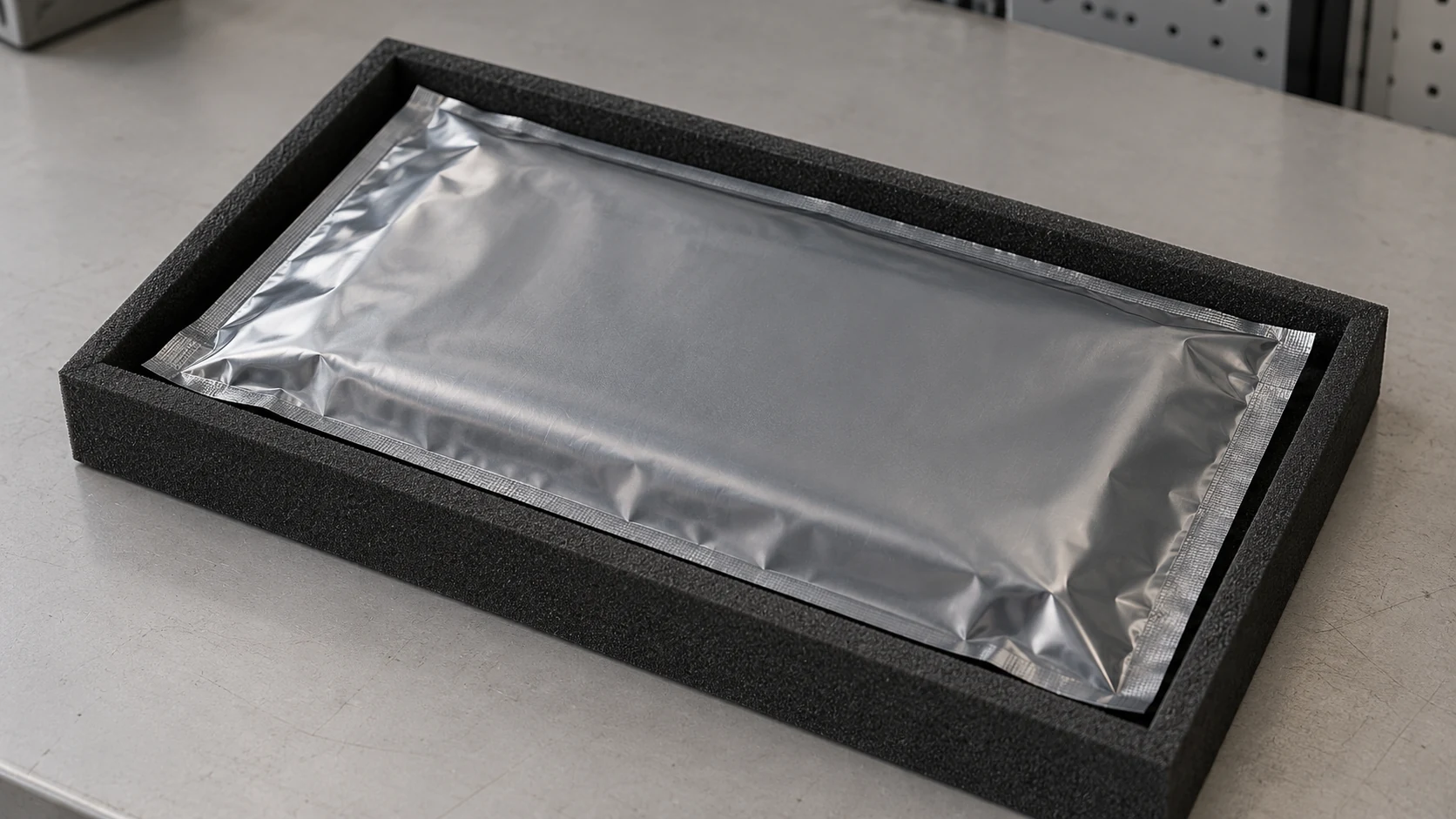 Closed silver electronics bag resting inside a fitted protective tray on a service bench
