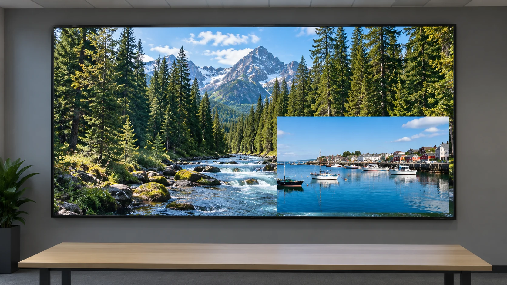 Large forest picture on an indoor LED wall partly covered by a smaller harbor picture window