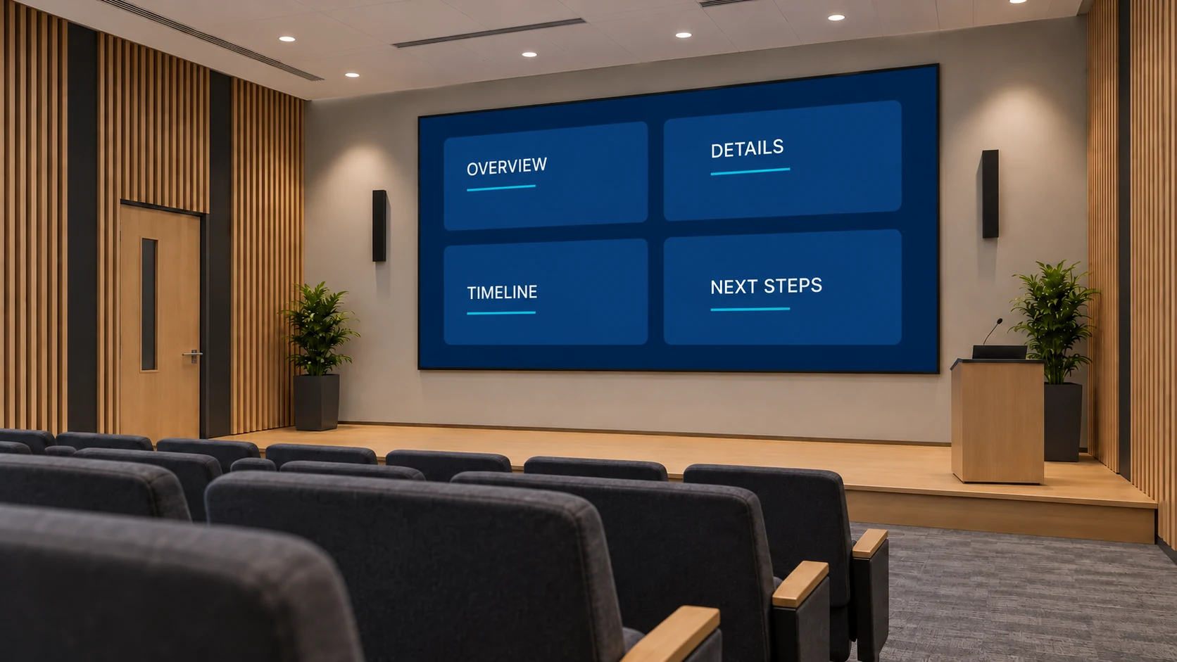 LED wall displaying four presentation windows above auditorium seats