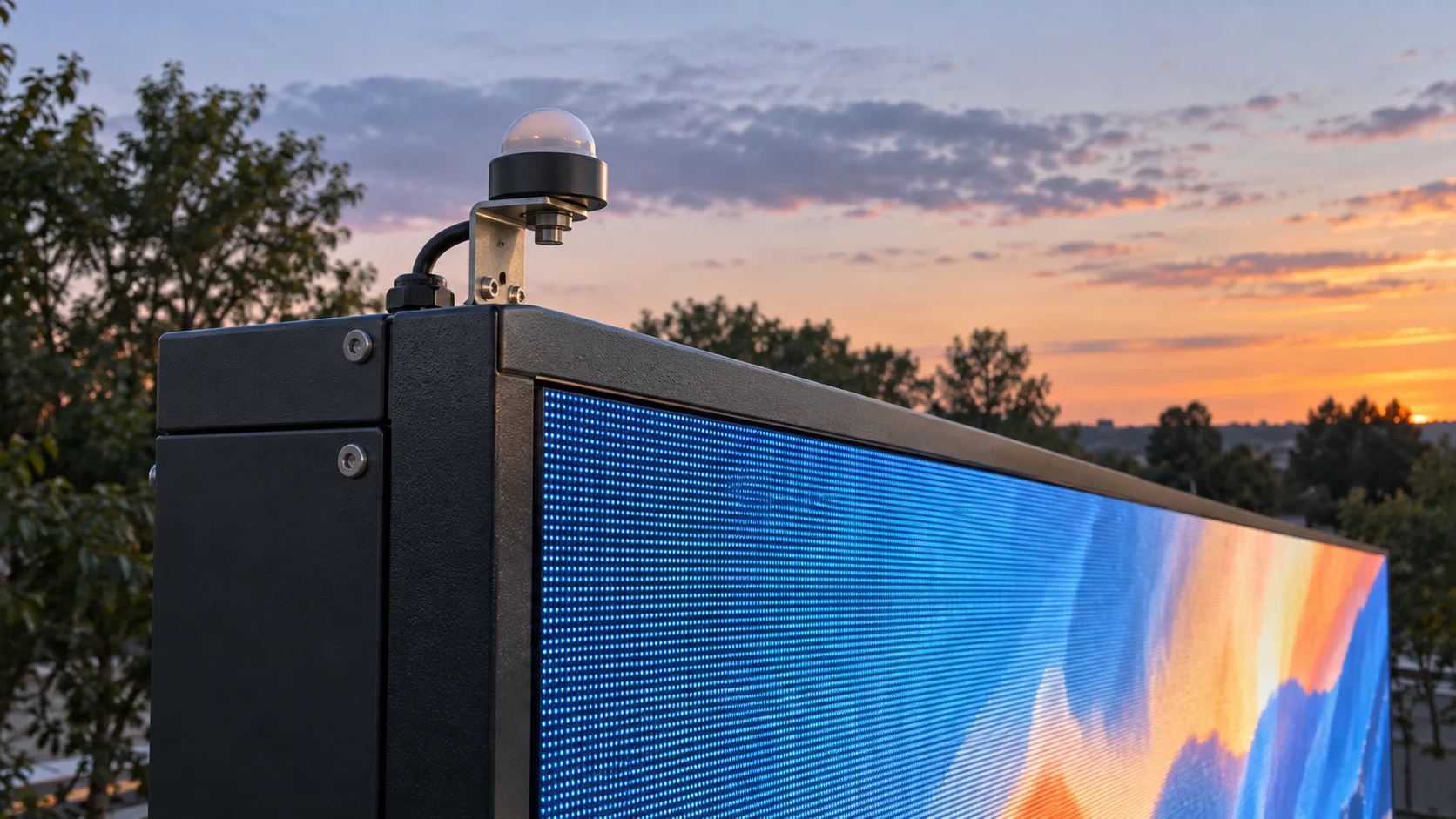 Outdoor LED billboard with a small ambient light sensor mounted on its upper frame at dusk